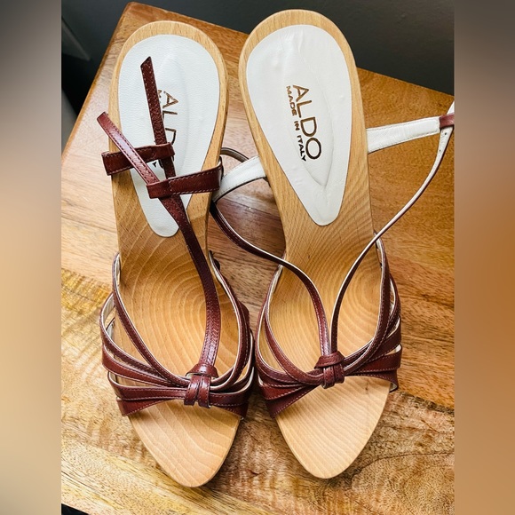 Aldo Brown Leather Strappy Platform Wood Heels Studded Size 37 Italy - Picture 9 of 12